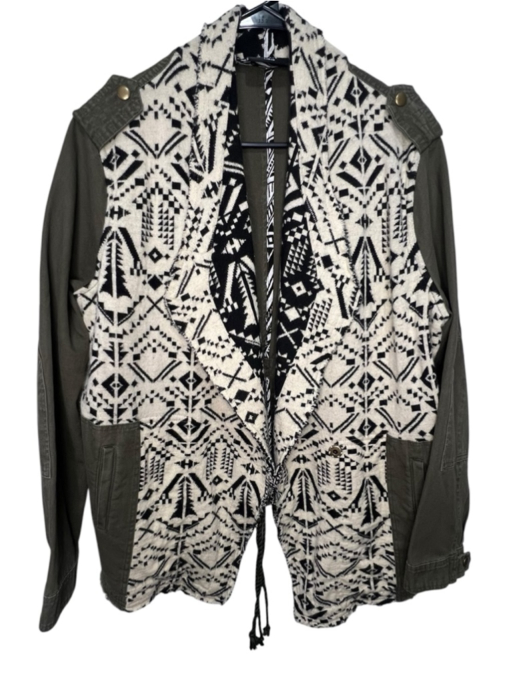 VICI Olive Green Utility Open Front Jacket With Southwestern Aztec Panels